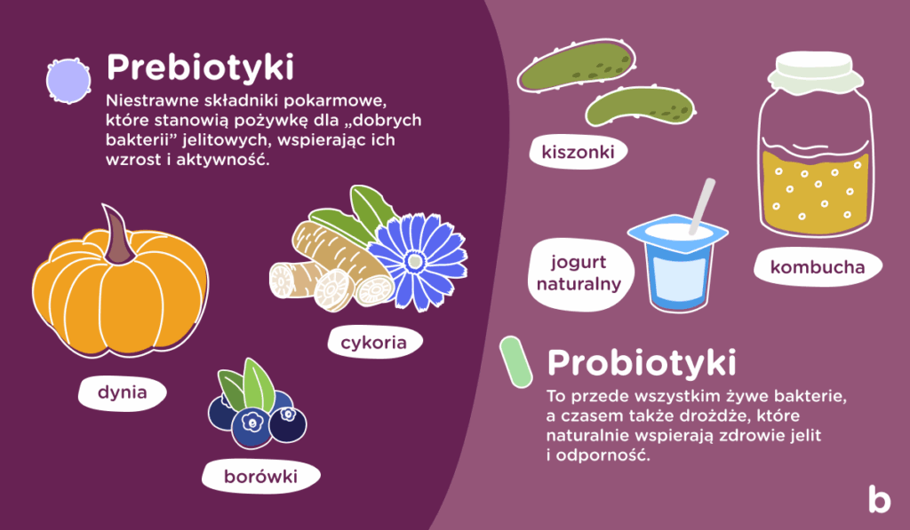 Infografika przedstawiająca różnice między probiotykami i prebiotykami. Probiotyki to żywe kultury bakterii, prebiotyki to pożywka dla dobrych bakterii jelitowych.