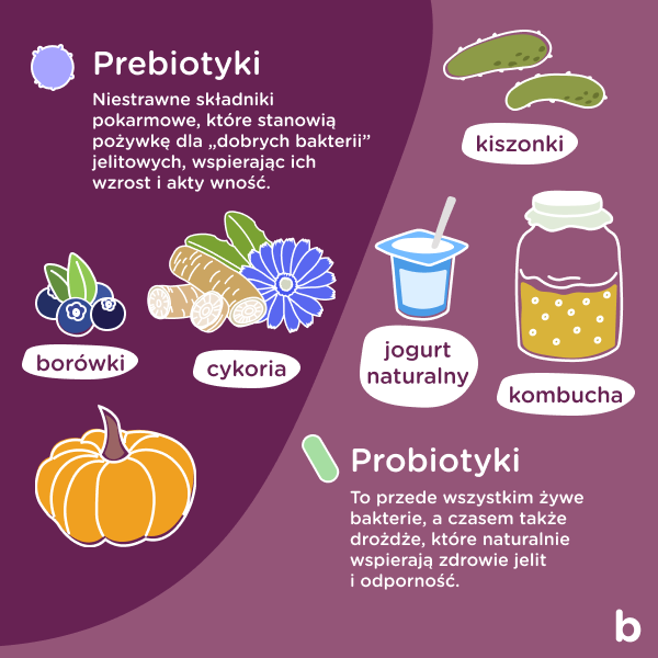 Infografika pozakująca różnicę między probiotykami a prebiotykami. Probiotyki to żywe kultury bakterii, a prebiotyki to pożywka dla żywych kultur bakterii.